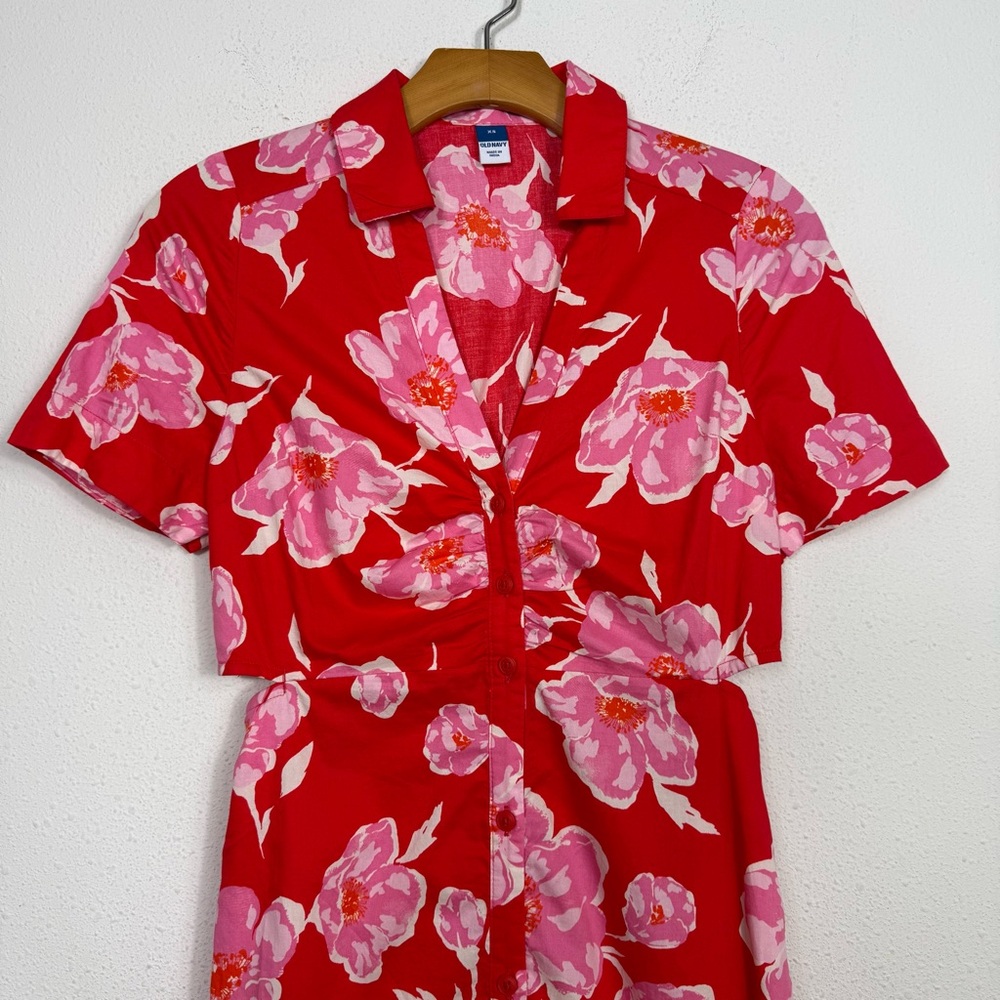 Old Navy Cutout Midi Shirt Dress Pink Floral Summer Collar Button Front XS - Picture 4 of 9
